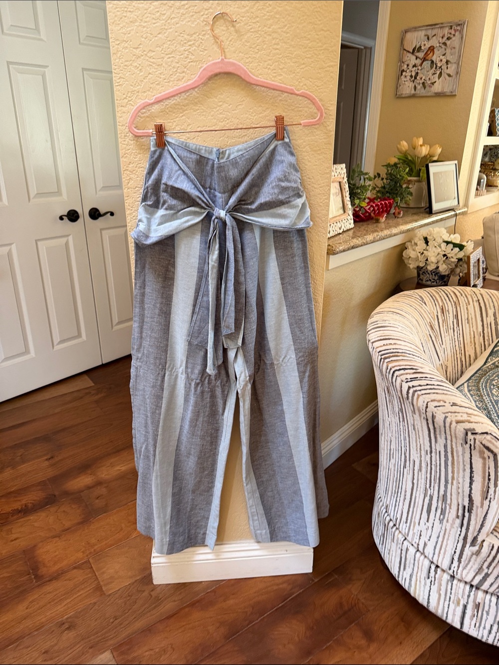 Venus High-Waist Tie-Front Wide Leg Pants - Blue Stripe Hidden zipper in back